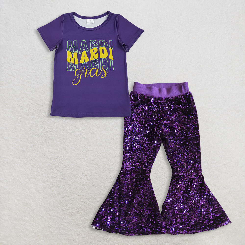 RTS NO MOQ（In Stock) GT1253+P0032 mardi gras bow short-sleeved top purple sequined pants set-