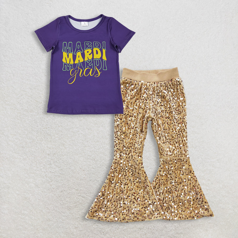RTS NO MOQ（In Stock) GT1253+P0110 mardi gras bow short-sleeved top sequined pants set