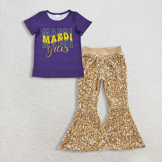 RTS NO MOQ（In Stock) GT1253+P0110 mardi gras bow short-sleeved top sequined pants set