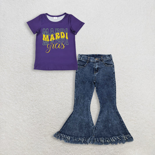 RTS NO MOQ GT1253+P0132 Baby Girls Purple Short Sleeve Mardi Gras Tee Shirt Top Navy Tassel Denim Bell Pants
