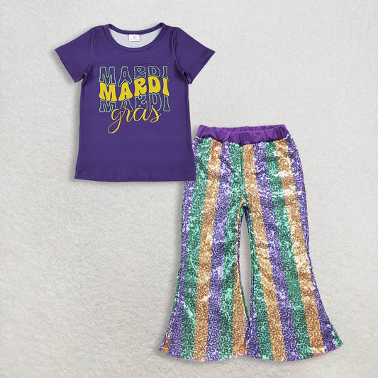 RTS NO MOQ（In Stock) GT1253+P0277 mardi gras bow short-sleeved top sequined pants set