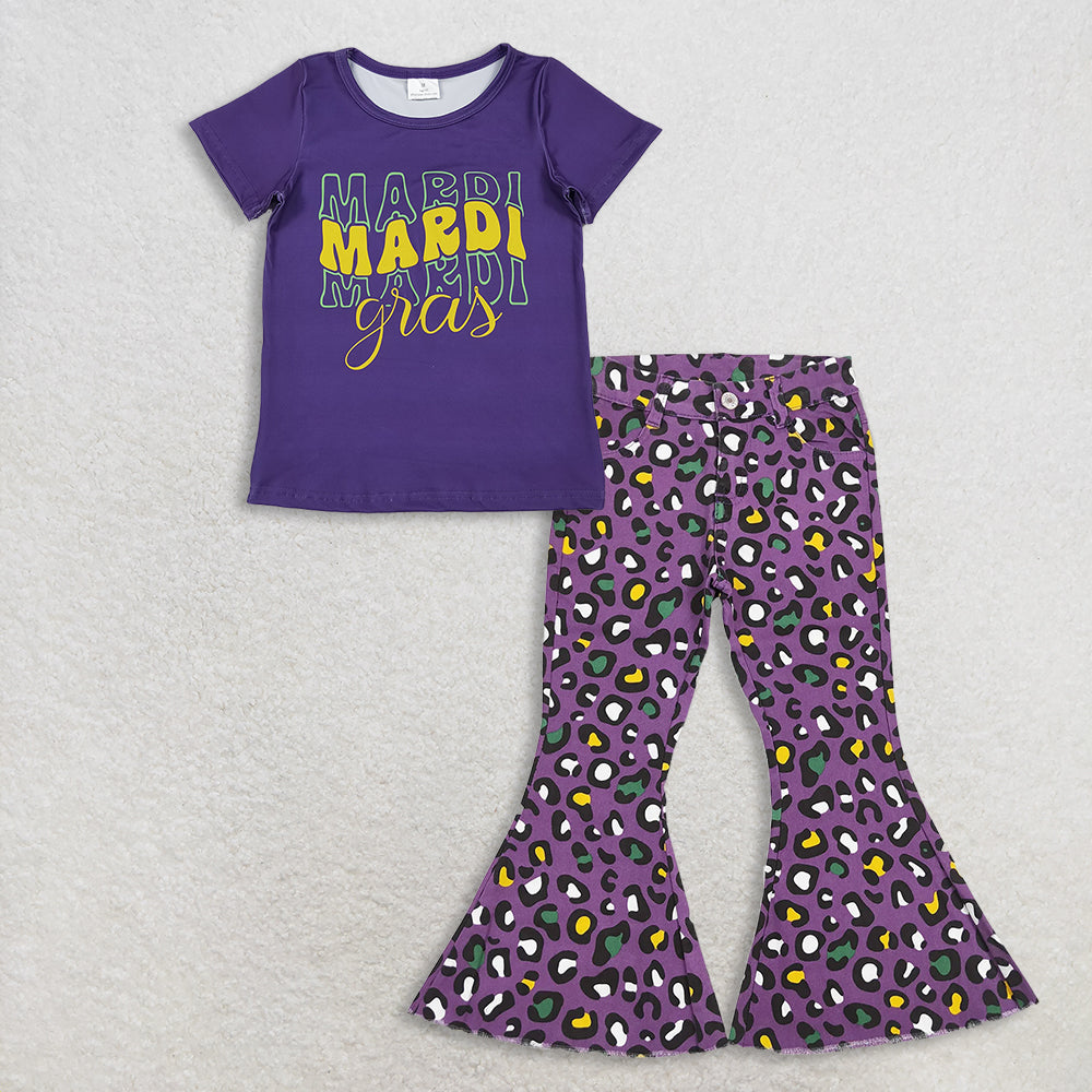 RTS NO MOQ（In Stock) GT1253+P0313 mardi gras short-sleeved top demin pants set