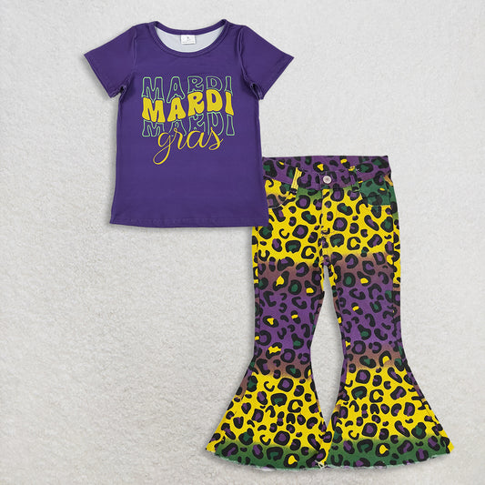 RTS NO MOQ（In Stock) GT1253+P0314 mardi gras bow short-sleeved top jeans pants set