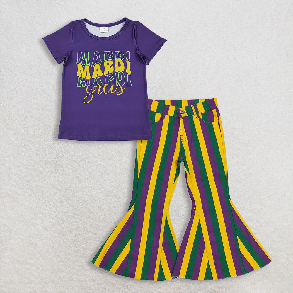RTS NO MOQ（In Stock) GT1253+P0327 mardi gras bow short-sleeved top jeans pants set