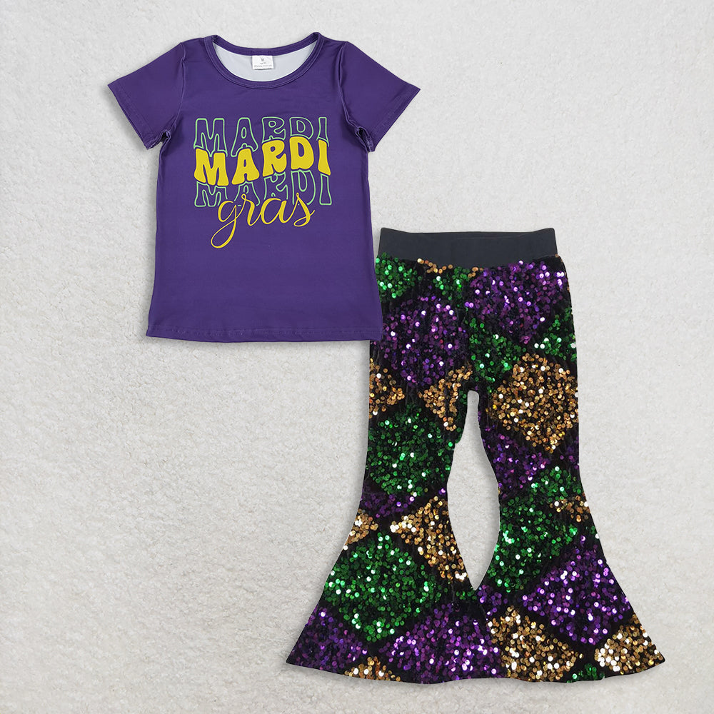 RTS NO MOQ（In Stock) GT1253+P0359 mardi gras short-sleeved top purple sequined pants set