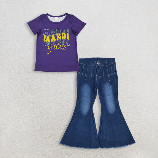 RTS NO MOQ GT1253+P0457 Baby Girls Purple Short Sleeve Mardi Gras Tee Shirt Top Western Navy Bell Flare Denim Pants