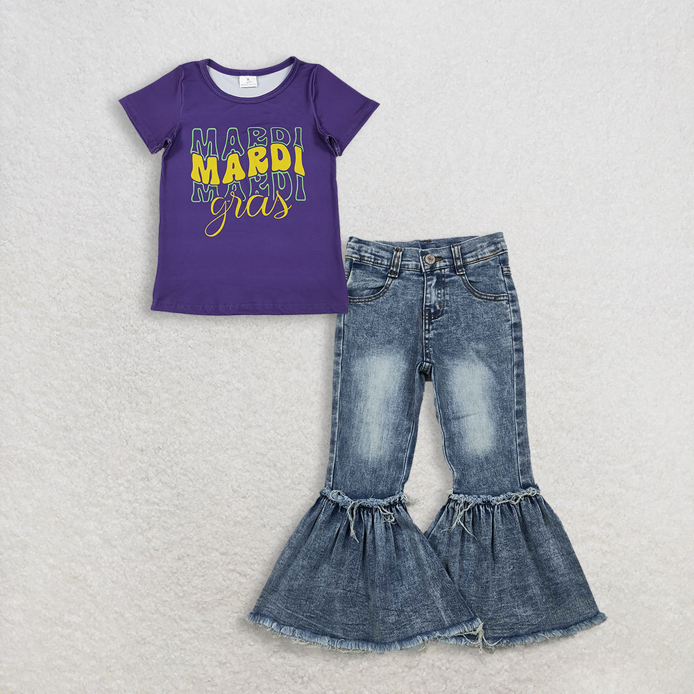 RTS NO MOQ GT1253+P0676 Baby Girls Purple Short Sleeve Mardi Gras Tee Shirt Top Navy Bleached Denim Flare Pants
