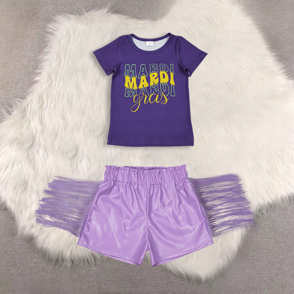 RTS NO MOQ（In Stock) short-sleeved top shiny leather fringed shorts sets
