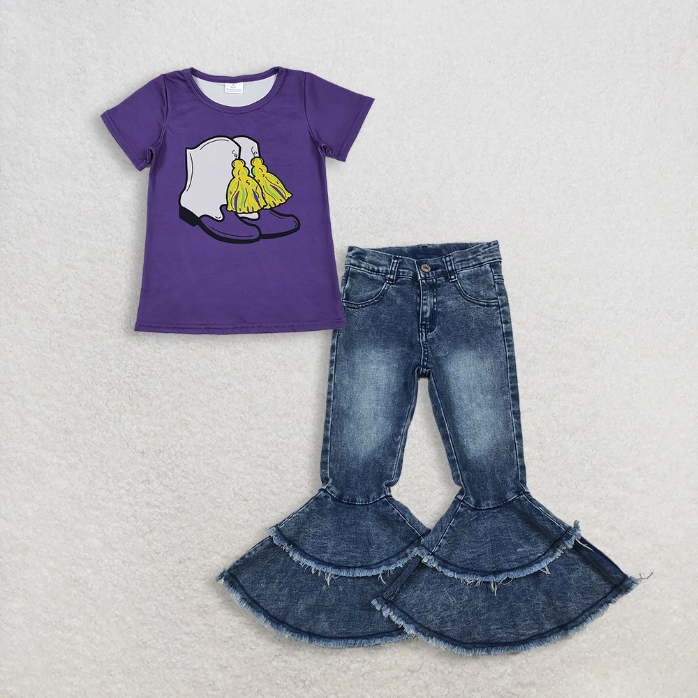 RTS NO MOQ GT1254+C5-15 Baby Girls Purple Short Sleeve Boots Tassel Mardi Gras Tee Shirt Top Washed Blue ruffle denim jeans