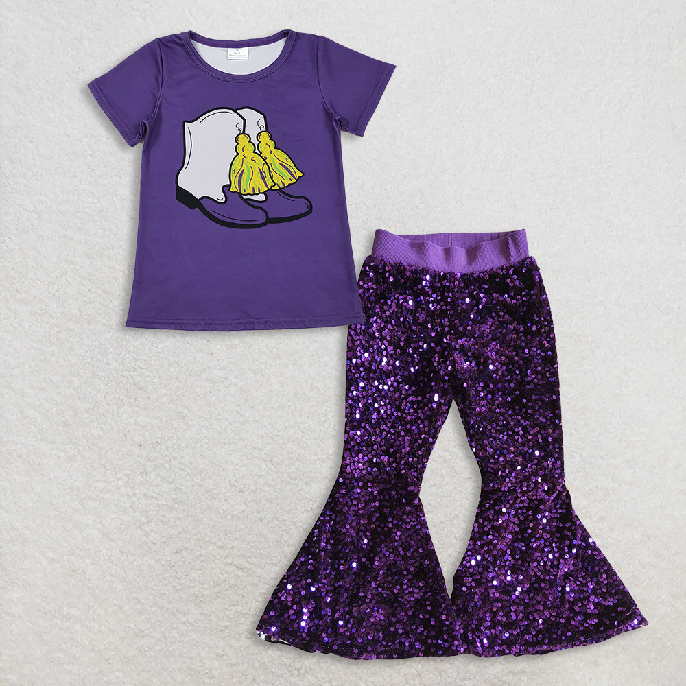 RTS NO MOQ（In Stock) GT1254+P0032 mardi gras bow short-sleeved top purple sequined pants set