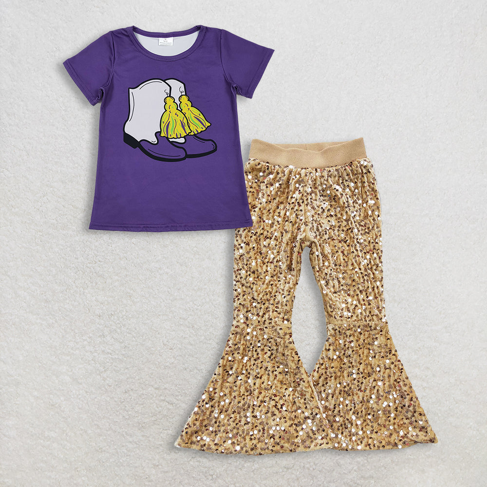 RTS NO MOQ（In Stock) GT1254+P0110 mardi gras bow short-sleeved top purple sequined pants set