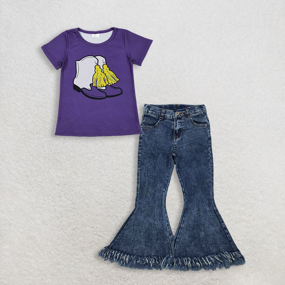 RTS NO MOQ GT1254+P0132 Baby Girls Purple Short Sleeve Boots Tassel Mardi Gras Tee Shirt Top Navy Tassel Denim Bell Pants