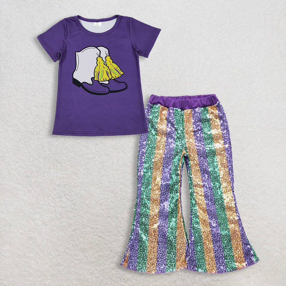 RTS NO MOQ（In Stock) GT1254+P0277 mardi gras bow short-sleeved top purple sequined pants set