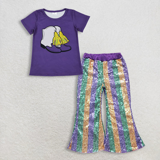 RTS NO MOQ（In Stock) GT1254+P0277 mardi gras bow short-sleeved top purple sequined pants set