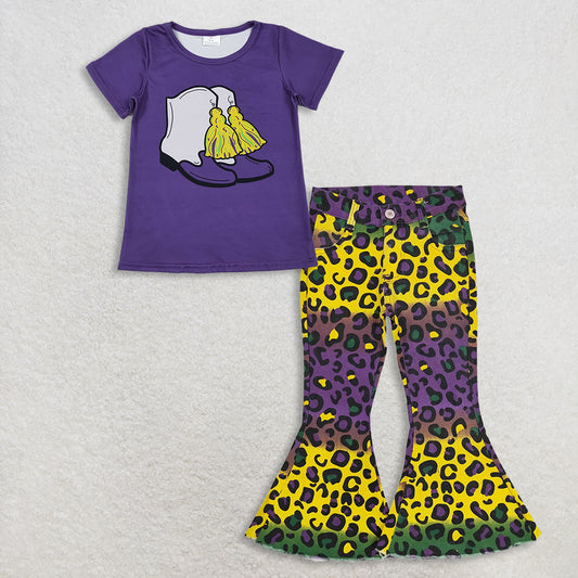 RTS NO MOQ（In Stock) GT1254+P0314 mardi gras bow short-sleeved top jeans pants set