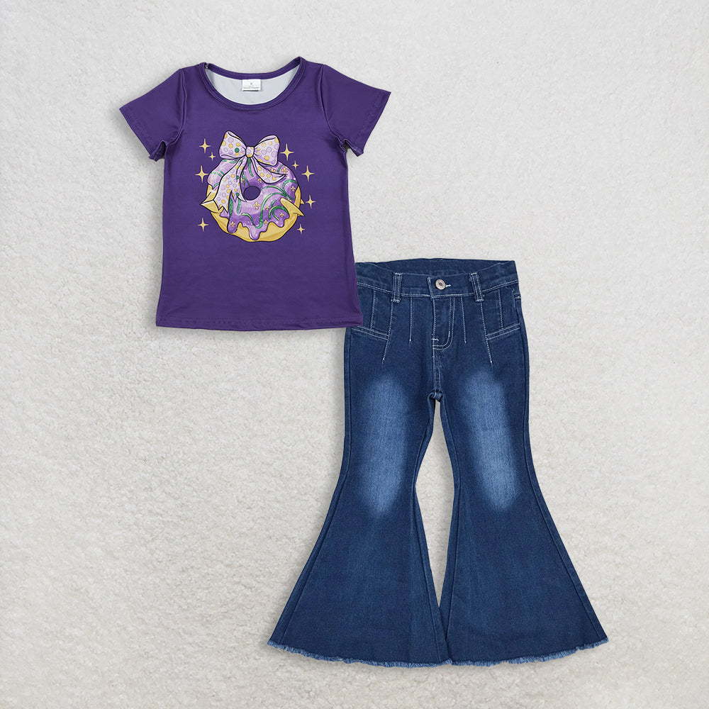 RTS NO MOQ GT1252+P0457 Baby Girls Purple Short Sleeve Bow Donuts Mardi Gras Tee Shirt Top with Navy Bell Flare Denim Pants Set