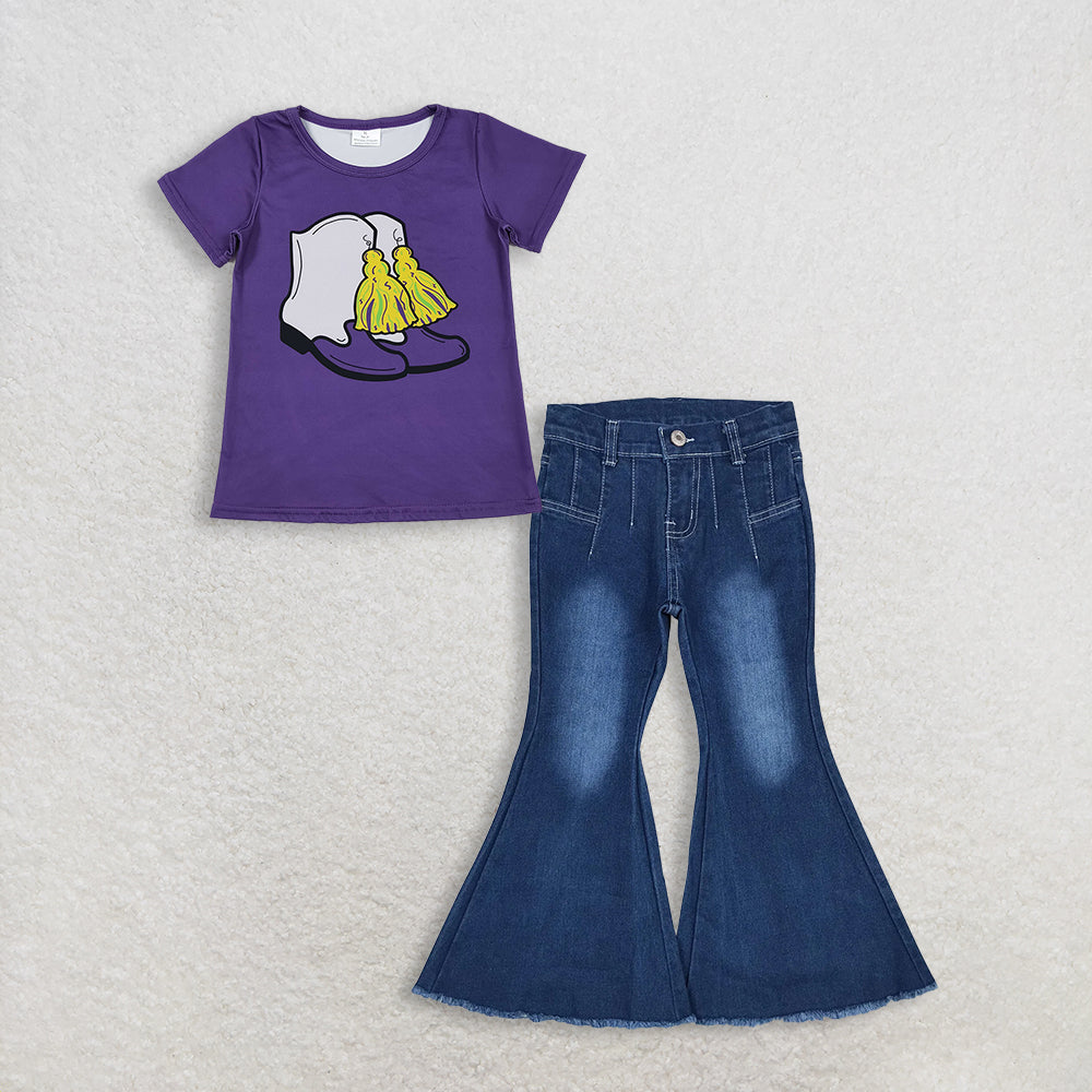RTS NO MOQ GT1254+P0457 Baby Girls Purple Short Sleeve Boots Tassel Mardi Gras Tee Shirt Top Western Navy Bell Flare Denim Pants