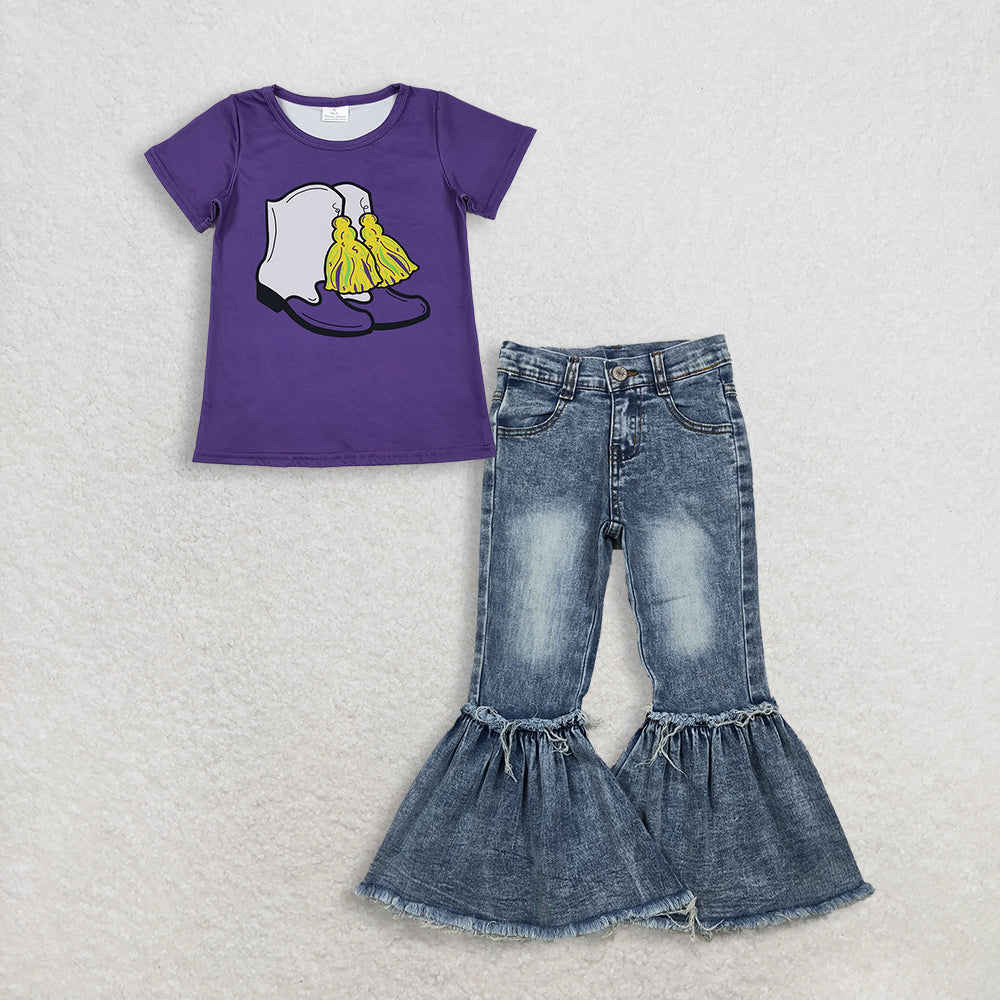 RTS NO MOQ GT1254+P0676 Baby Girls Purple Short Sleeve Boots Tassel Mardi Gras Tee Shirt Top Navy Bleached Denim Flare Pants