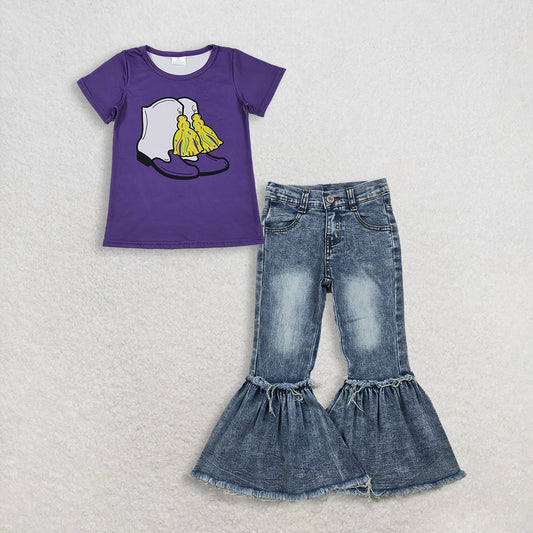 RTS NO MOQ GT1254+P0676 Baby Girls Purple Short Sleeve Boots Tassel Mardi Gras Tee Shirt Top Navy Bleached Denim Flare Pants