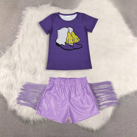 RTS NO MOQ（In Stock) short-sleeved top shiny leather fringed shorts sets