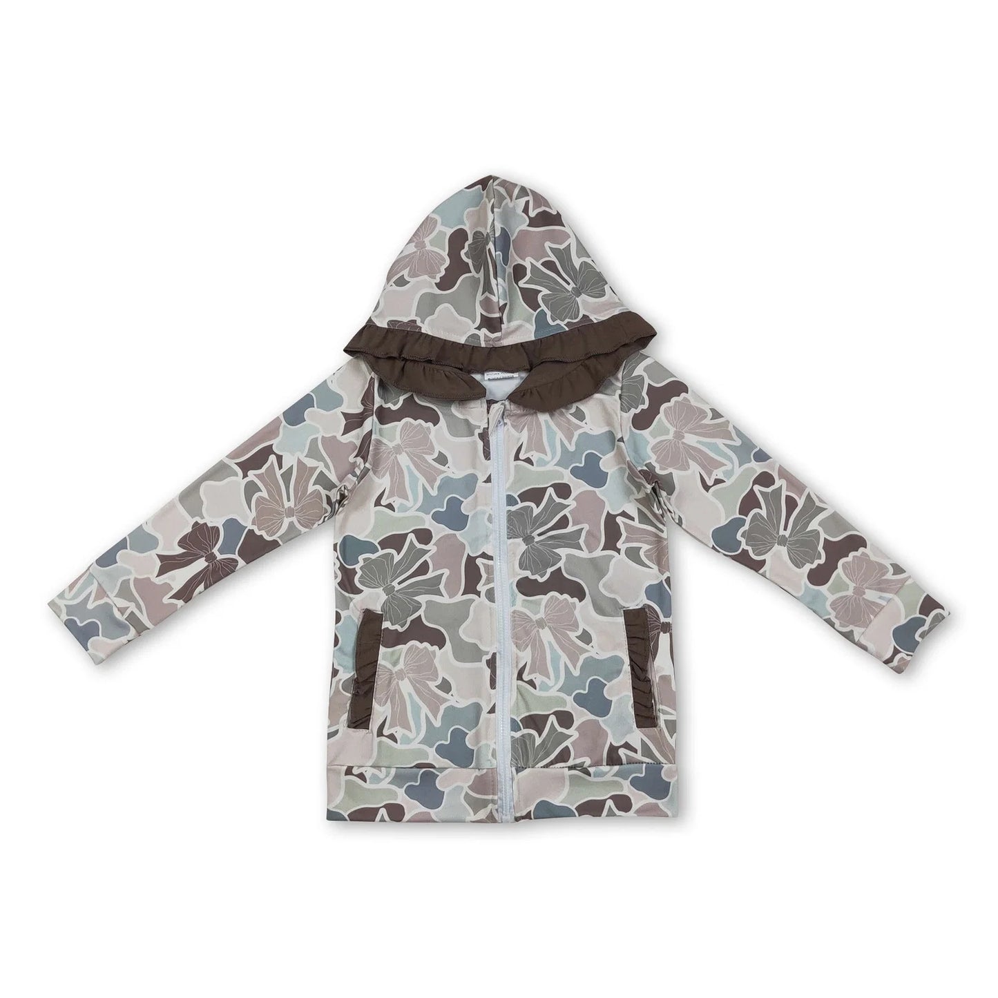 RTS NO MOQ milk silk Sibling Adult To Match Kids Bows Camo Print Pockets Zipper Hunting Ruffle Hoodies Top Casual Top