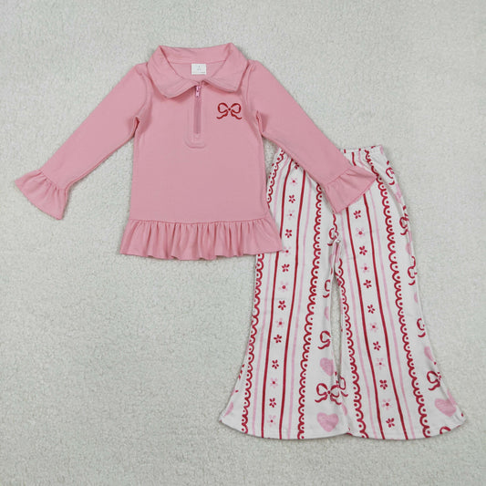 RTS NO MOQ（In Stock ) GT1270+P0894 Embroidered Red Bow Pink Lace Zipper Long-Sleeve Top Heart Pants set-GLP2934