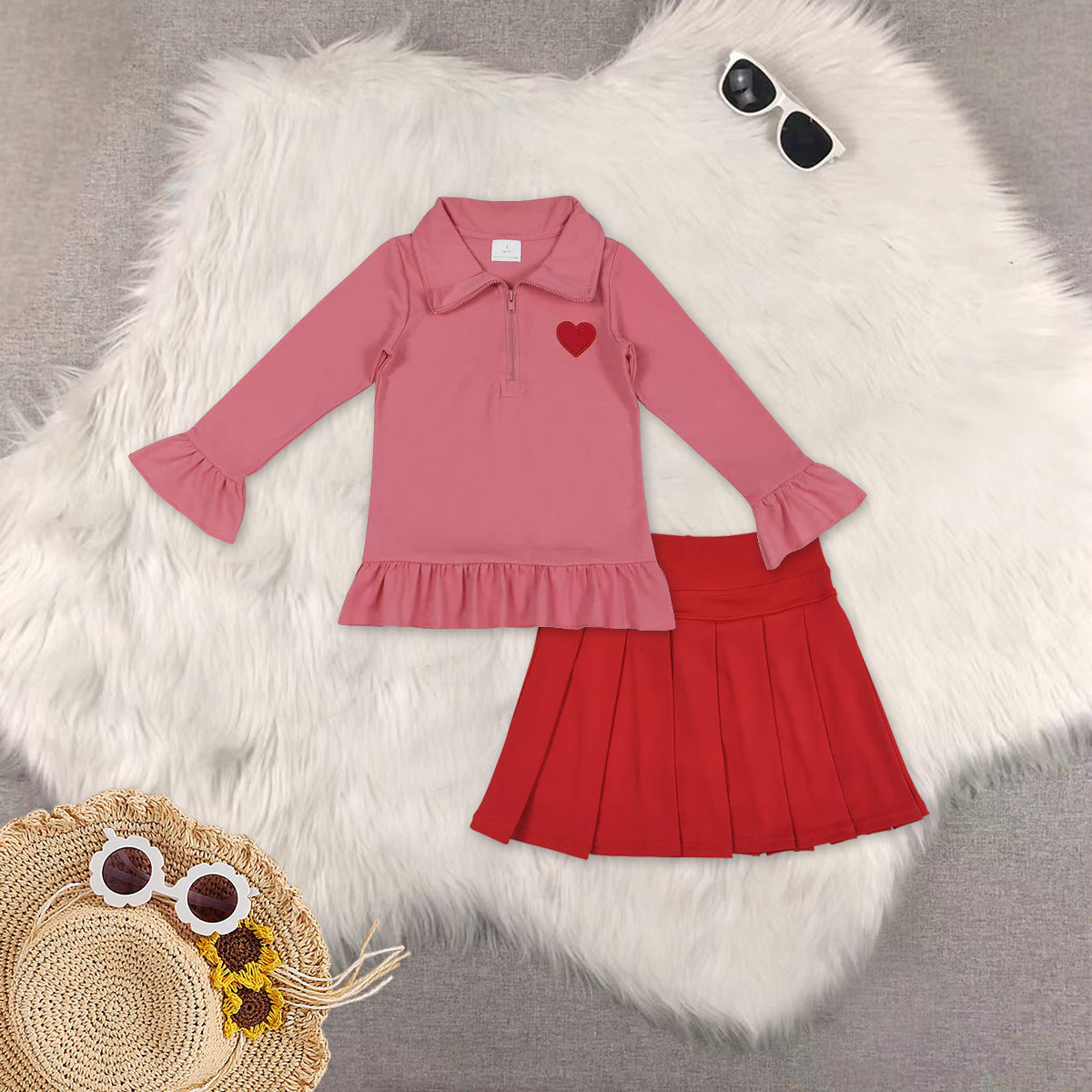 RTS NO MOQ（In Stock) Valentine embroidery love long sleeved top solid red yoga skirt sets