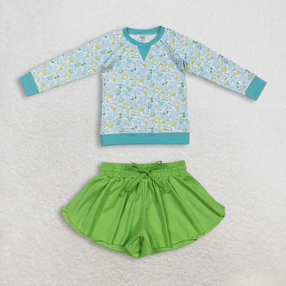 RTS NO MOQ（In Stock) baby girl clothes blue green floral yoga long sleeved top shorts sets