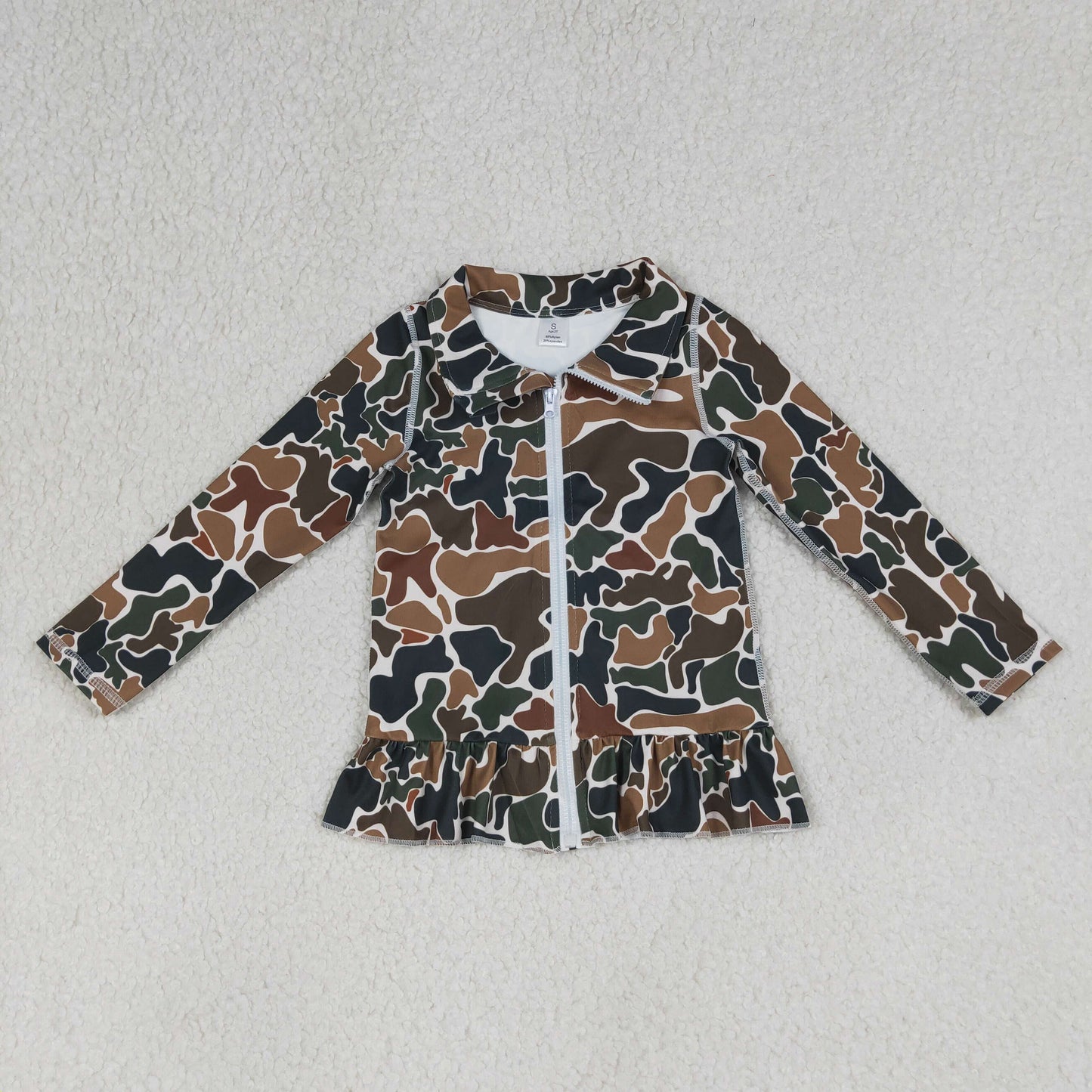 RTS NO MOQ GT1315 Baby Girls Dark Brown Camo Yoga Active Zip Ruffle Jacket Top for Girls