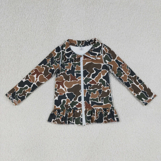 RTS NO MOQ GT1315 Baby Girls Dark Brown Camo Yoga Active Zip Ruffle Jacket Top for Girls