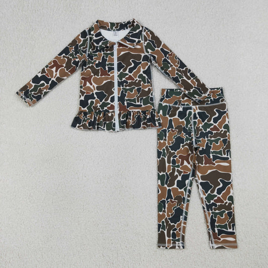 RTS NO MOQ GT1315+P0690 Baby Girls Dark Brown Camo Ruffle Zip Jacket And Leggings Set Active Yoga Clothes Outfit for Toddlers