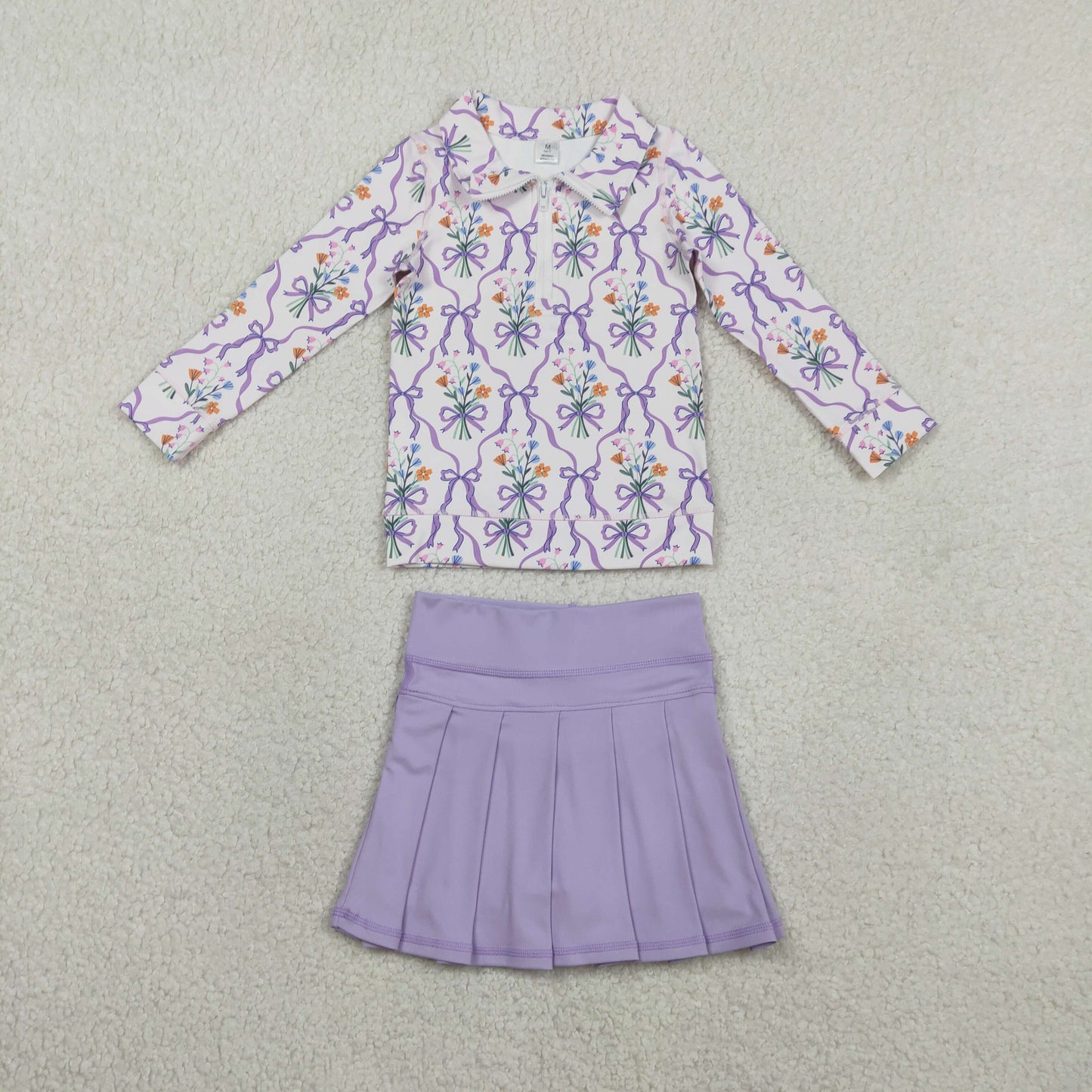 RTS NO MOQ GLD1416 Baby Girls Lavender Checked Yoga Active Top with Purple Bows And Flowers Zipper Pullover Skirt for Kids