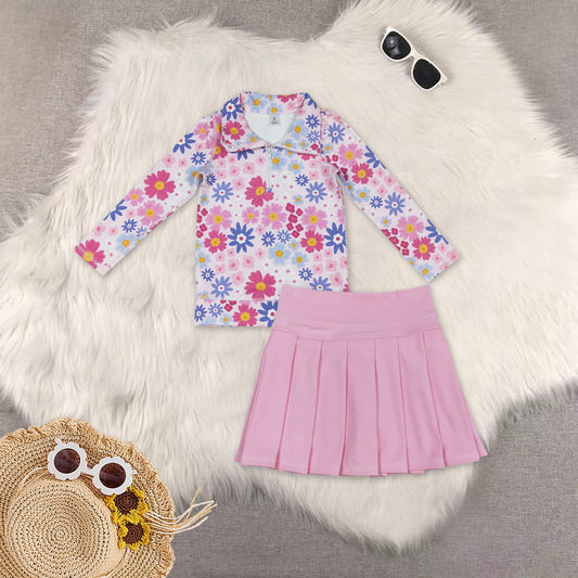 RTS NO MOQ Sibling baby girls clothes yoga floral long sleeve short skirts sets and Top and yoga skirts