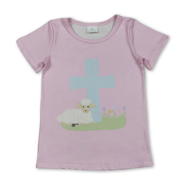 RTS NO MOQ milk silk GT1394+P1018 Baby Girls Pink Short Sleeve Cross Sheep Easter T-shirts Top