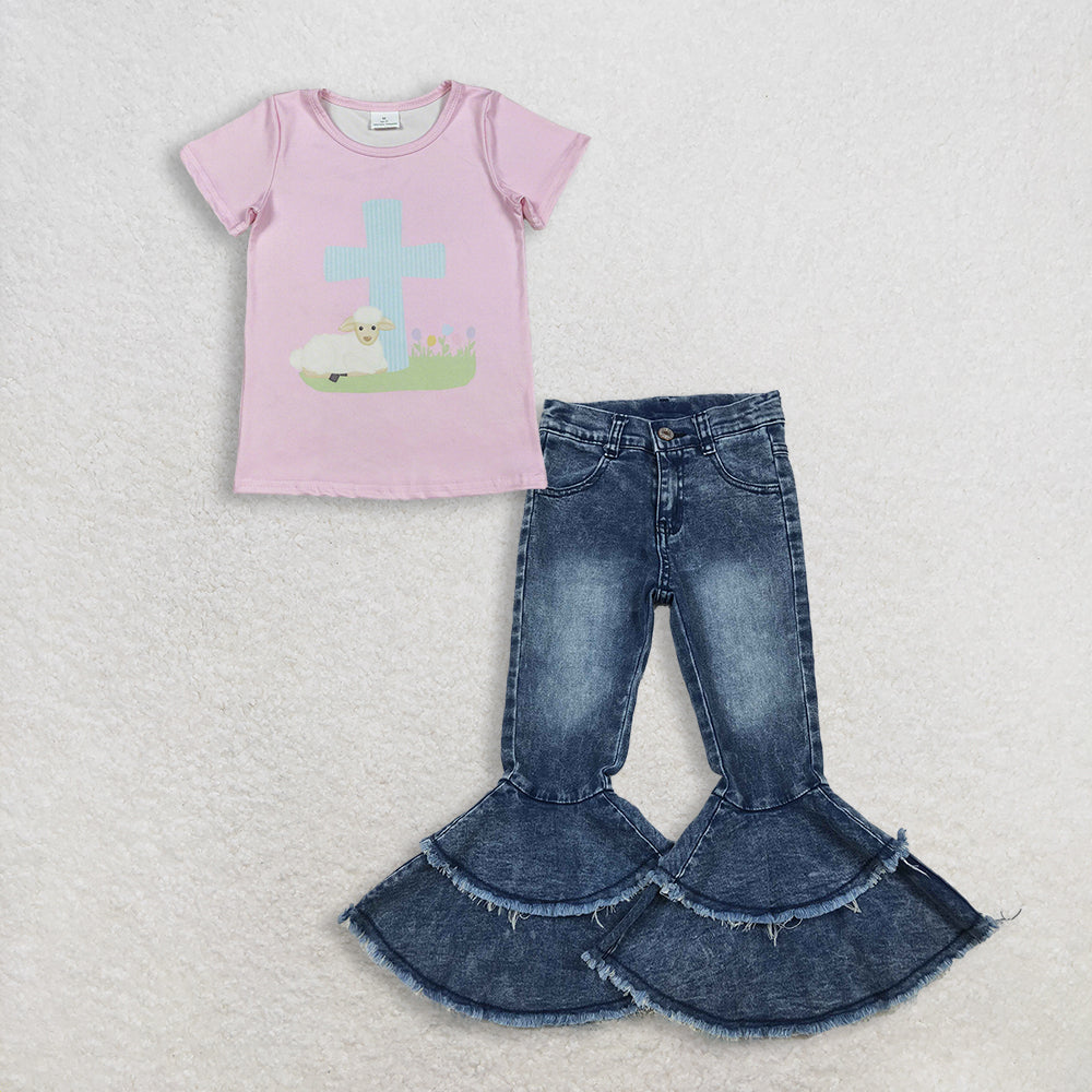RTS NO MOQ GT1394+C5-15 Baby Girls Pink Short Sleeve Cross Sheep Easter T-shirts Top Washed Blue Ruffle Detail Denim Jeans Set for Little Girls