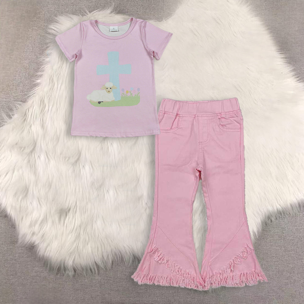 RTS NO MOQ Sibling Baby Girls clothes easter short sleeve pants Set and top and jeans pants