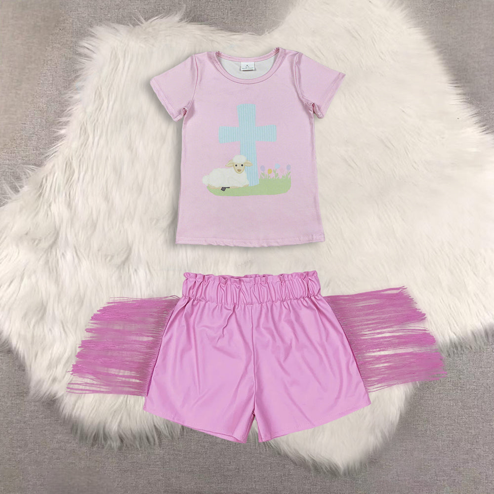 RTS NO MOQ（In Stock) short-sleeved top shiny leather fringed shorts sets