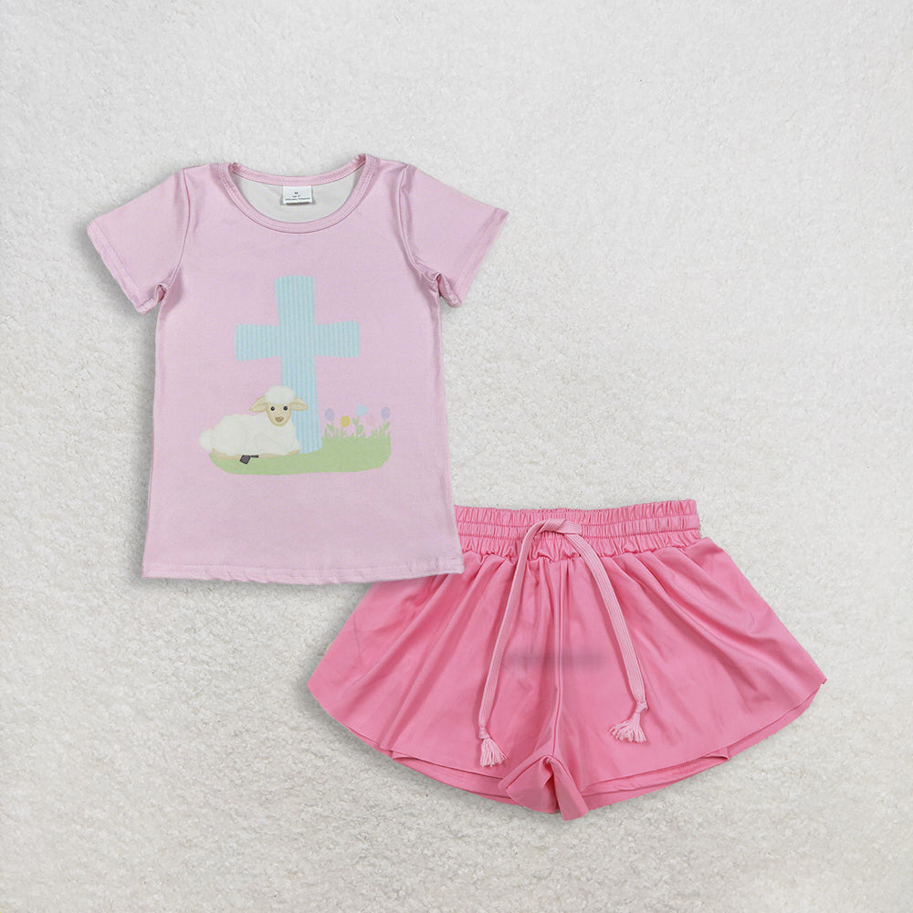 RTS NO MOQ GT1394+SS0546 Baby Girls Pink Short Sleeve Cross Sheep Easter T-shirts Pink Yoga Shorts Bottoms