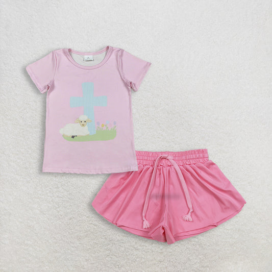 RTS NO MOQ GT1394+SS0546 Baby Girls Pink Short Sleeve Cross Sheep Easter T-shirts Pink Yoga Shorts Bottoms