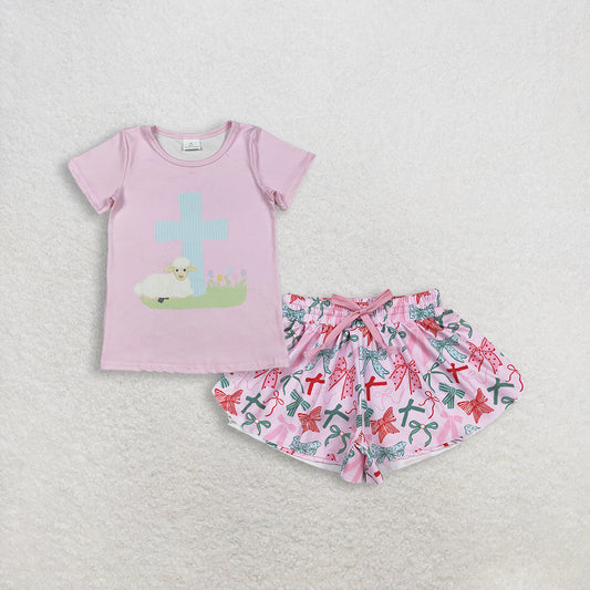RTS NO MOQ GT1394+SS0578 Baby Girls Pink Short Sleeve Cross Sheep Easter T-shirts Pink Green Bows Summer Shorts Bottoms