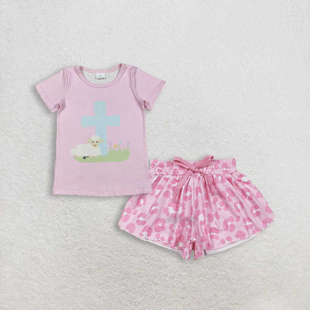 RTS NO MOQ GT1394+SS0587 Baby Girls Pink Short Sleeve Cross Sheep Easter T-shirts Pink Leopard Summer Shorts Bottoms