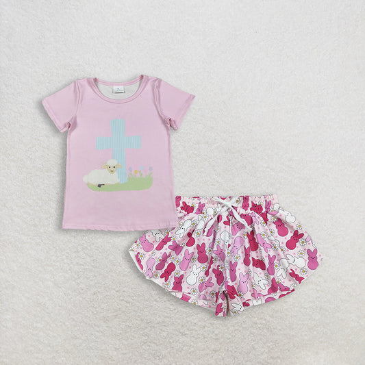 RTS NO MOQ GT1394+SS0714 Baby Girls Pink Short Sleeve Cross Sheep Easter T-shirts Pink Rabbits Flowers Easter Yoga Active Ruffle Shorts