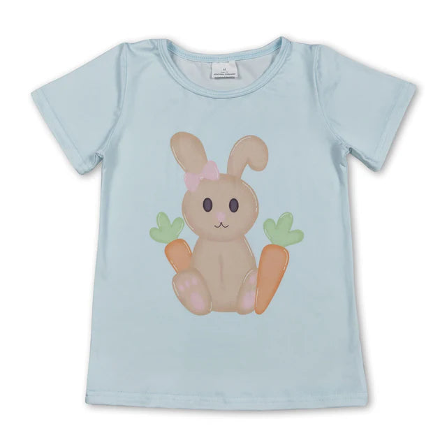 RTS NO MOQ milk silk GT1395+P0577 Baby Girls Short Sleeve Rabbits Carrots Easter T-shirts Top and  Light Blue Yoga Active Wear Bell Bottom Pants