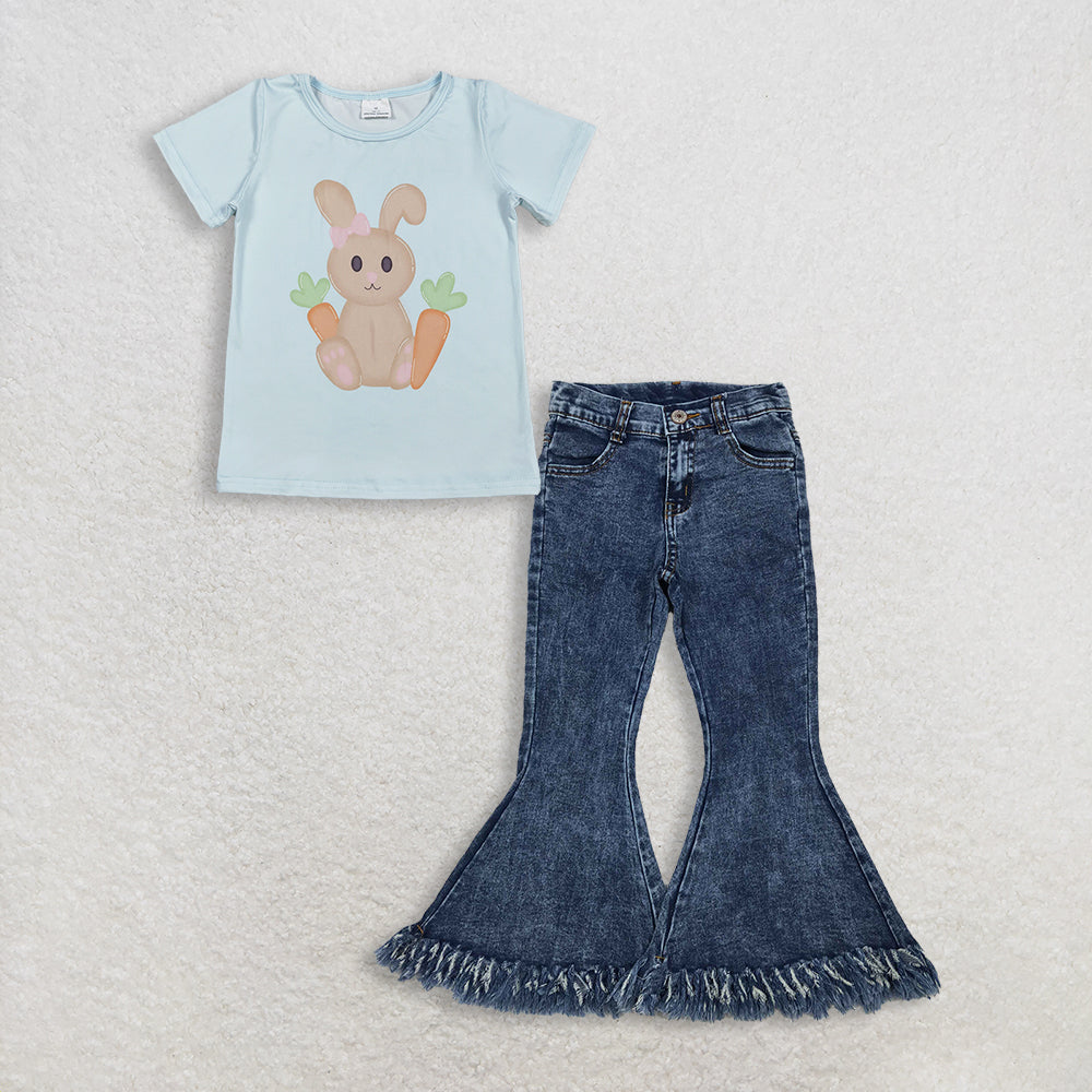 RTS NO MOQ GT1395+P0132 Baby Girls Short Sleeve Rabbits Carrots Easter T-shirts Top Navy Tassel Denim Bell Pants