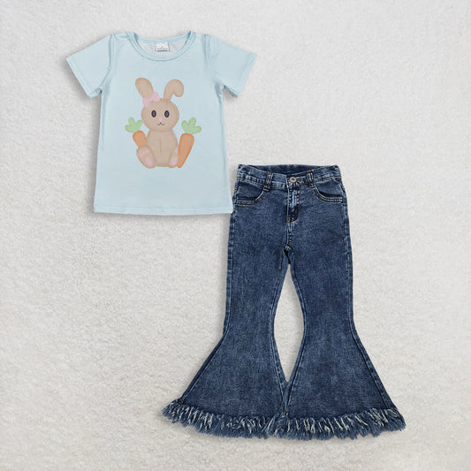 RTS NO MOQ GT1395+P0132 Baby Girls Short Sleeve Rabbits Carrots Easter T-shirts Top Navy Tassel Denim Bell Pants