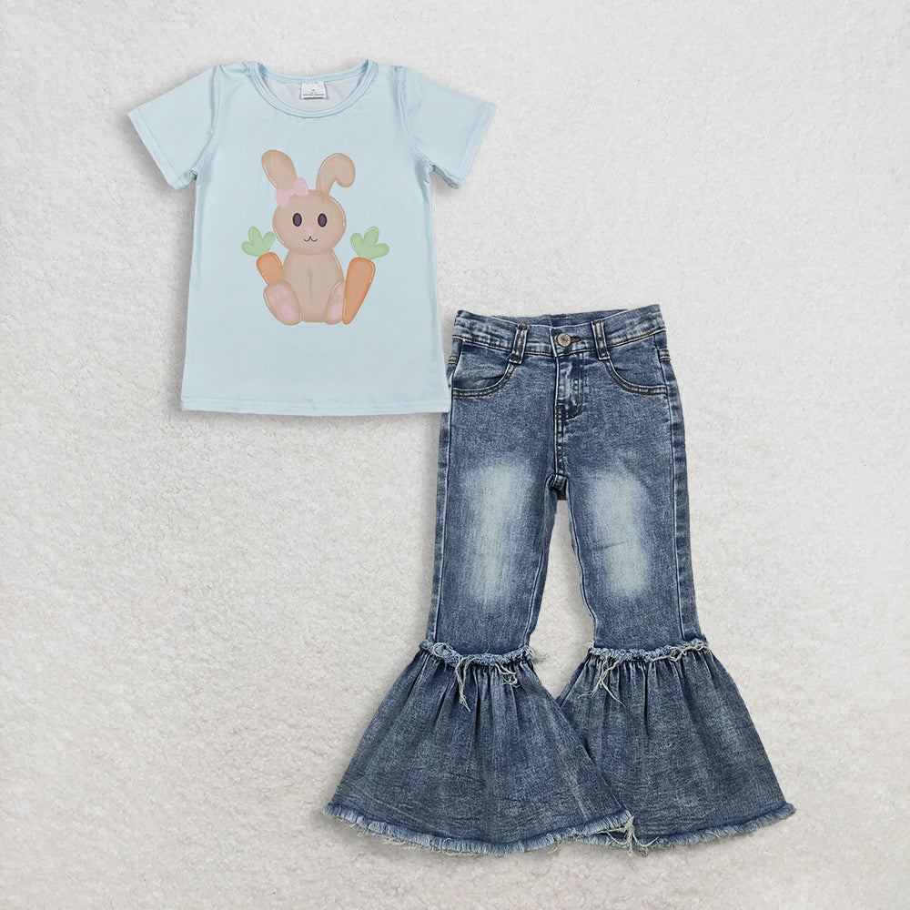 RTS NO MOQ GT1395+P0676 Baby Girls Short Sleeve Rabbits Carrots Easter T-shirts Top Navy Bleached Denim Flare Pants