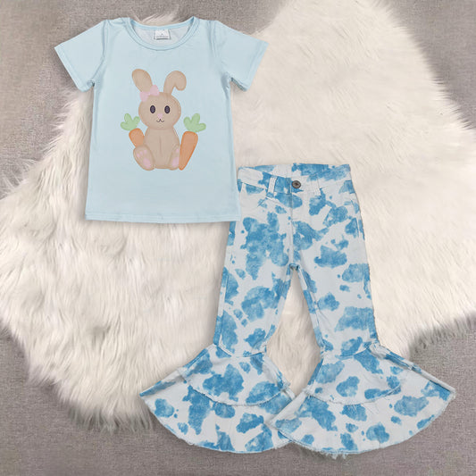 RTS NO MOQ（In Stock) baby girls clothes easter short-sleeved top demin pants set