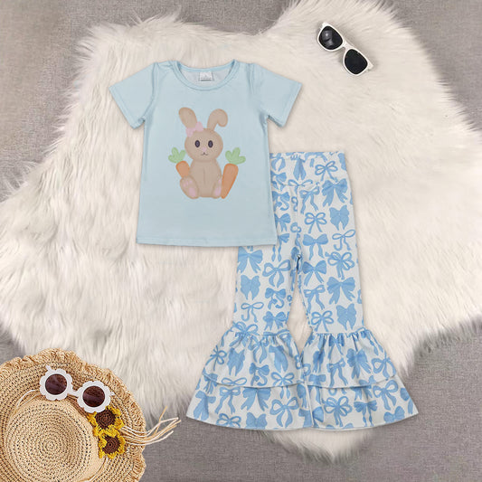 RTS NO MOQ Sibling baby girl clothes easter short sleeve top yoga bow pattern Pants set and top and pants