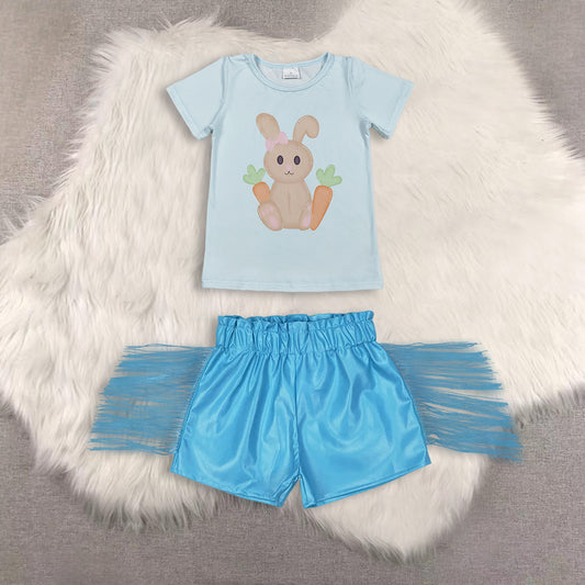 RTS NO MOQ（In Stock) easter short-sleeved top shiny leather fringed shorts sets