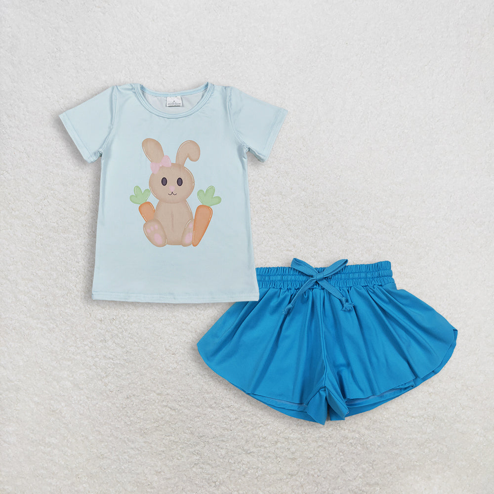 RTS NO MOQ GT1395+SS0549 Baby Girls Easter Short Sleeve T-shirt Top with Blue Yoga Skort Shorts Bottoms for Kids
